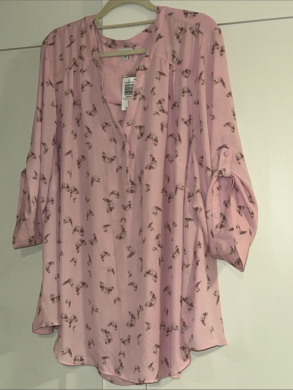 Torrid Harper Georgette 3/4 Sleeve Pink Butterfly Print Split-Neck Tunic, 5x,NWT